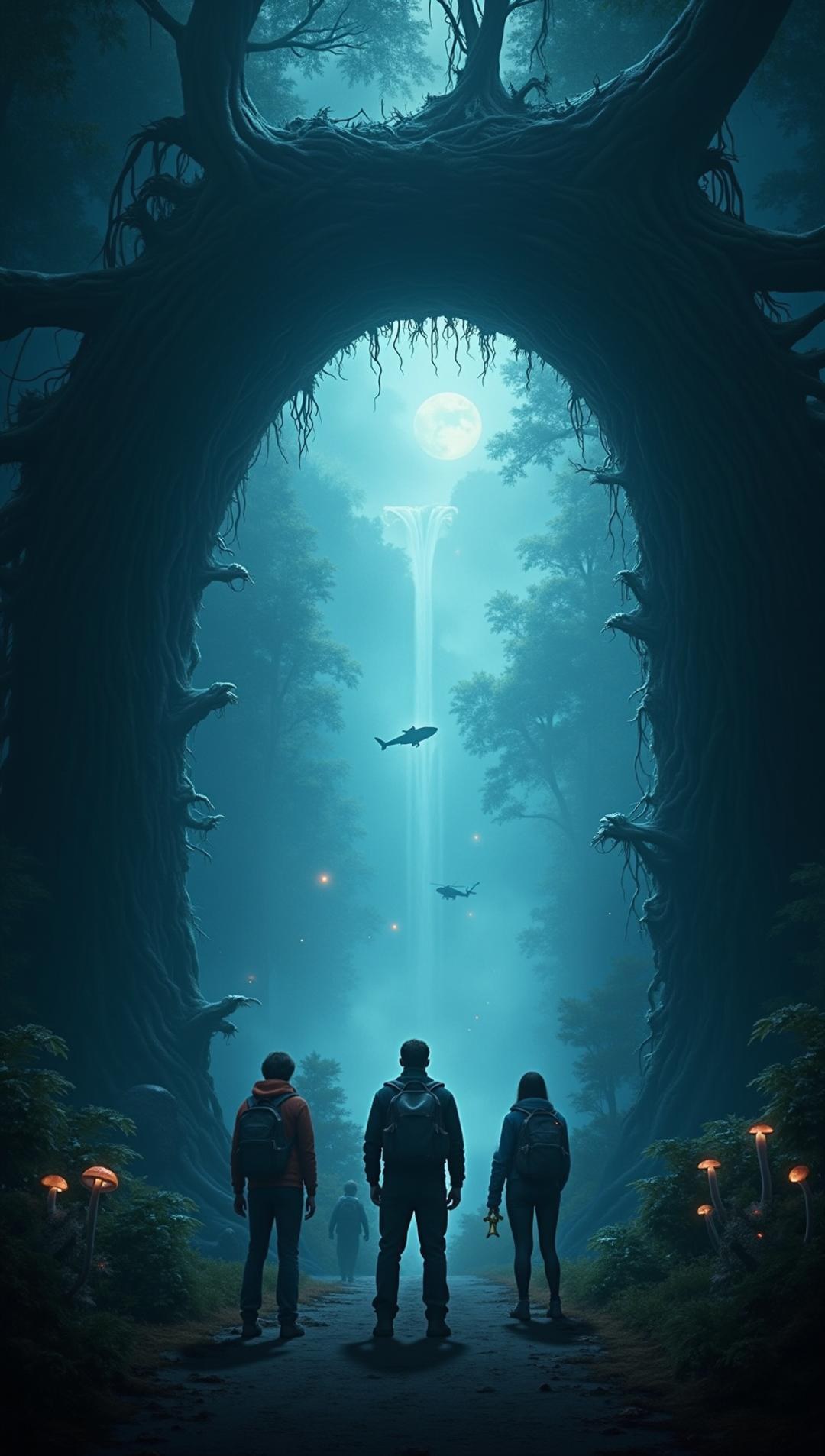 Four silhouettes at a vine-framed threshold; beyond them floating islands and distant lights — The Thousandth Door.