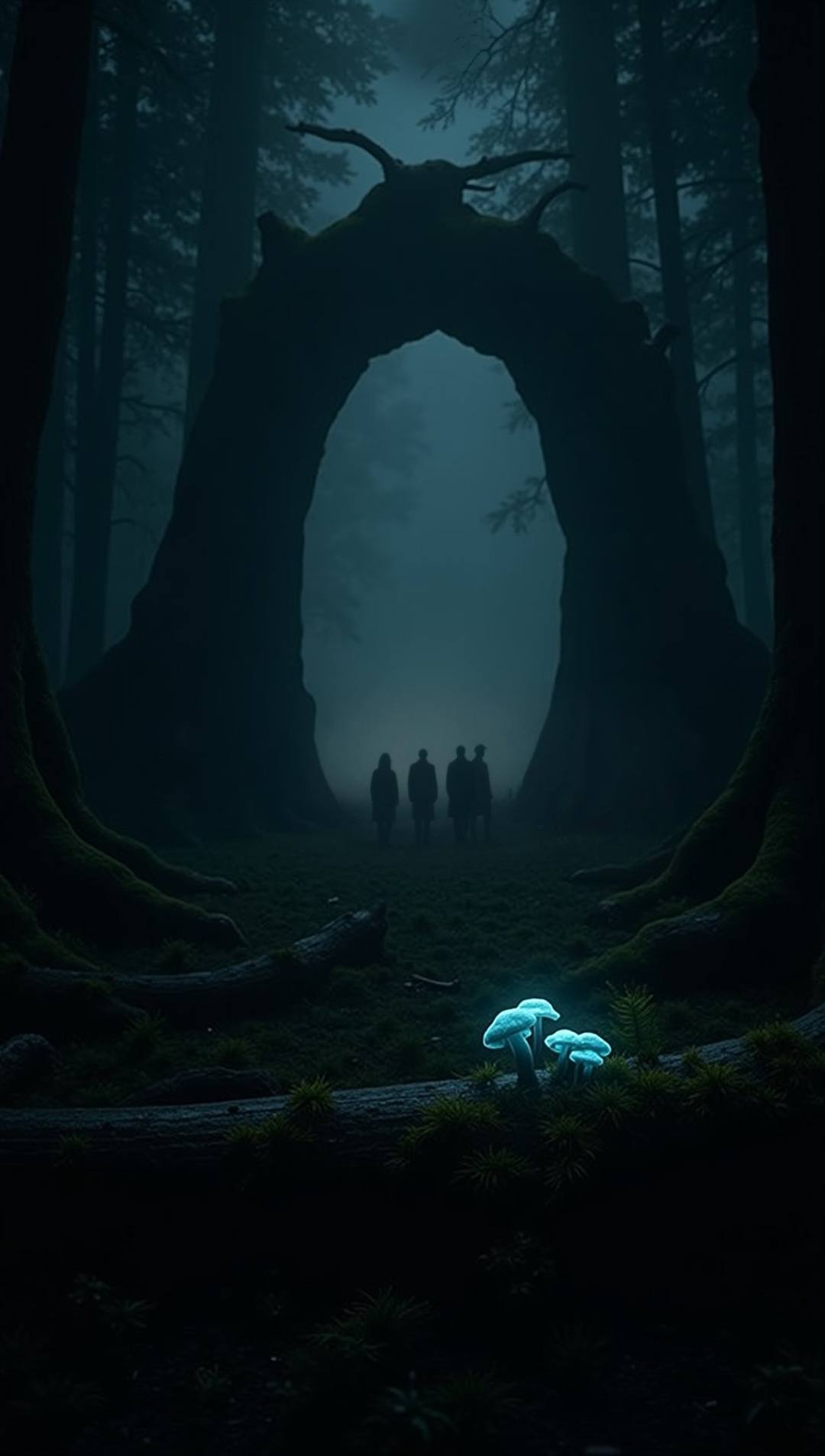 A single blue bioluminescent mushroom glowing in an untouched, mist-filled primeval forest — the opening cold-open of The Thousandth Door.