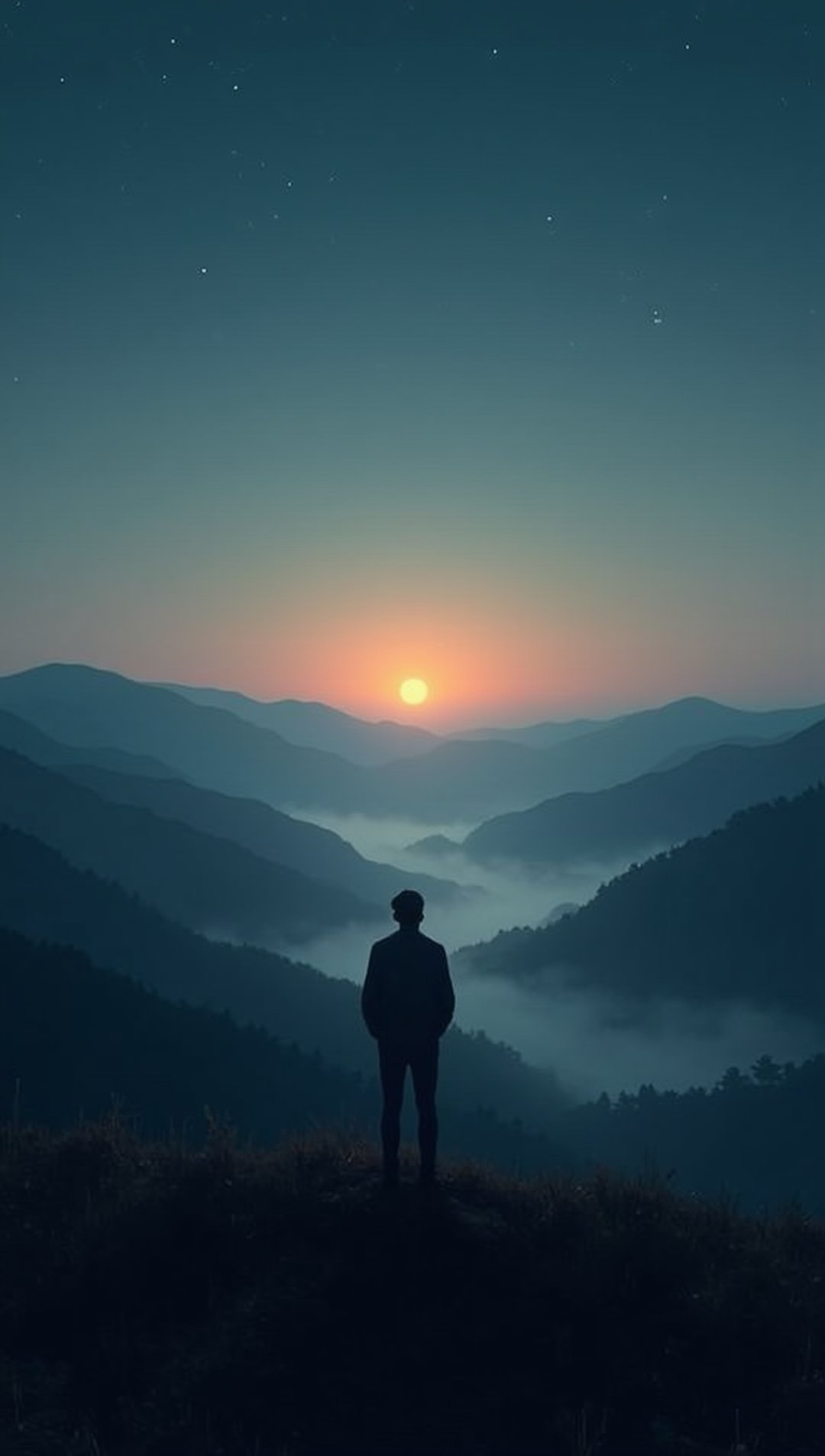 A lone figure on a ridge at dusk; an amber sunset on the horizon melts upward into cold blue night — Suare.