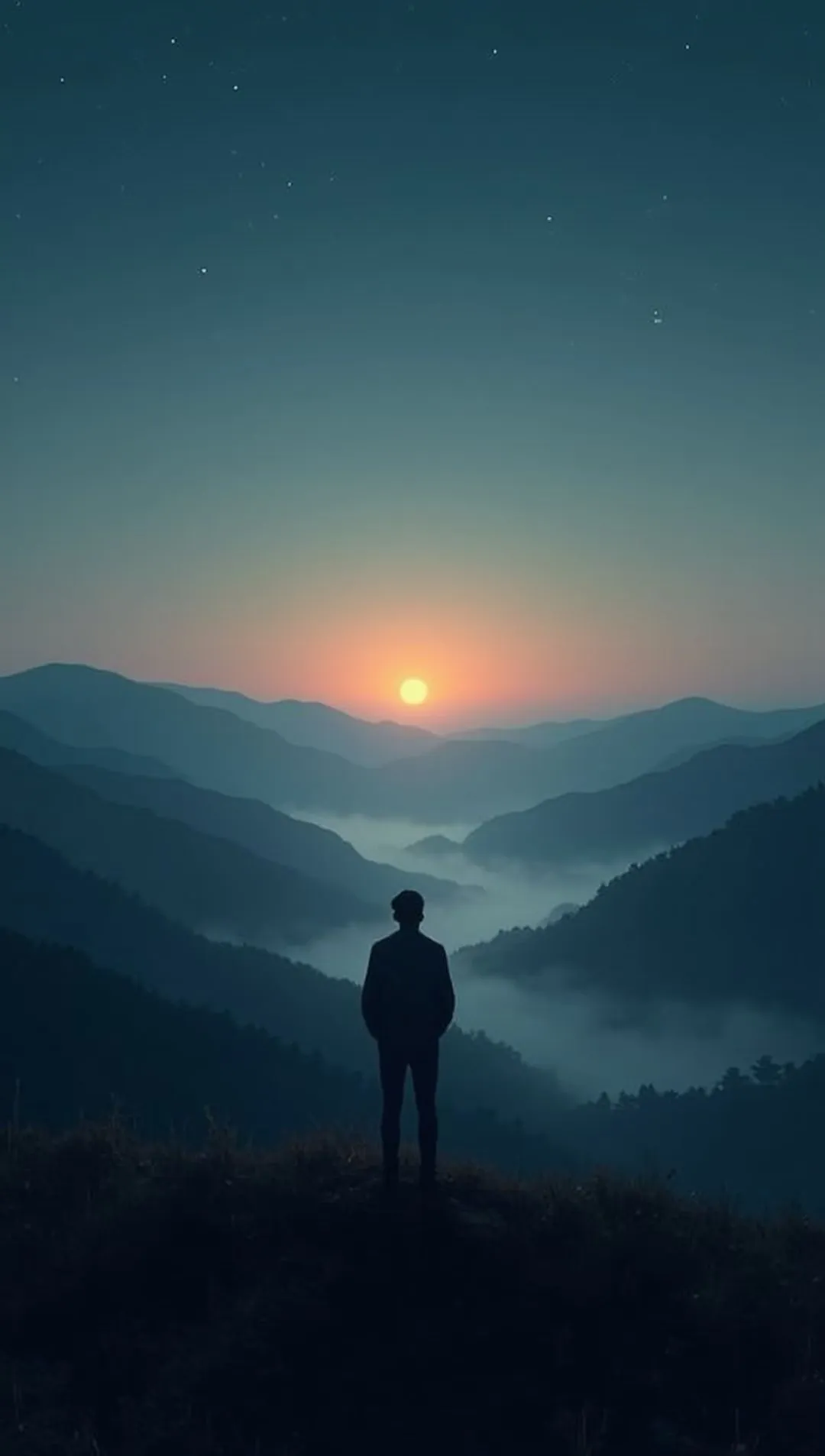 A lone figure on a ridge at dusk; an amber sunset on the horizon melts upward into cold blue night — Suare.