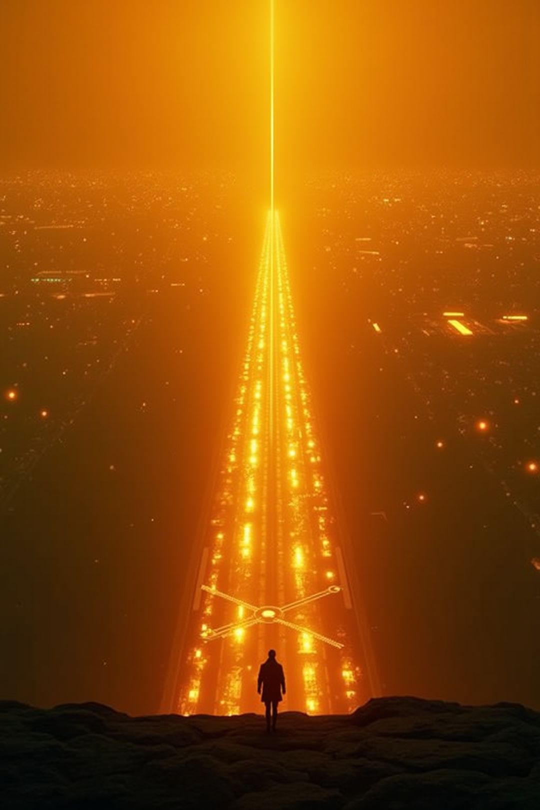 An amber data-beam rising over a vast controlled city; a lone figure on the ridge — The Shadow of What's Coming.