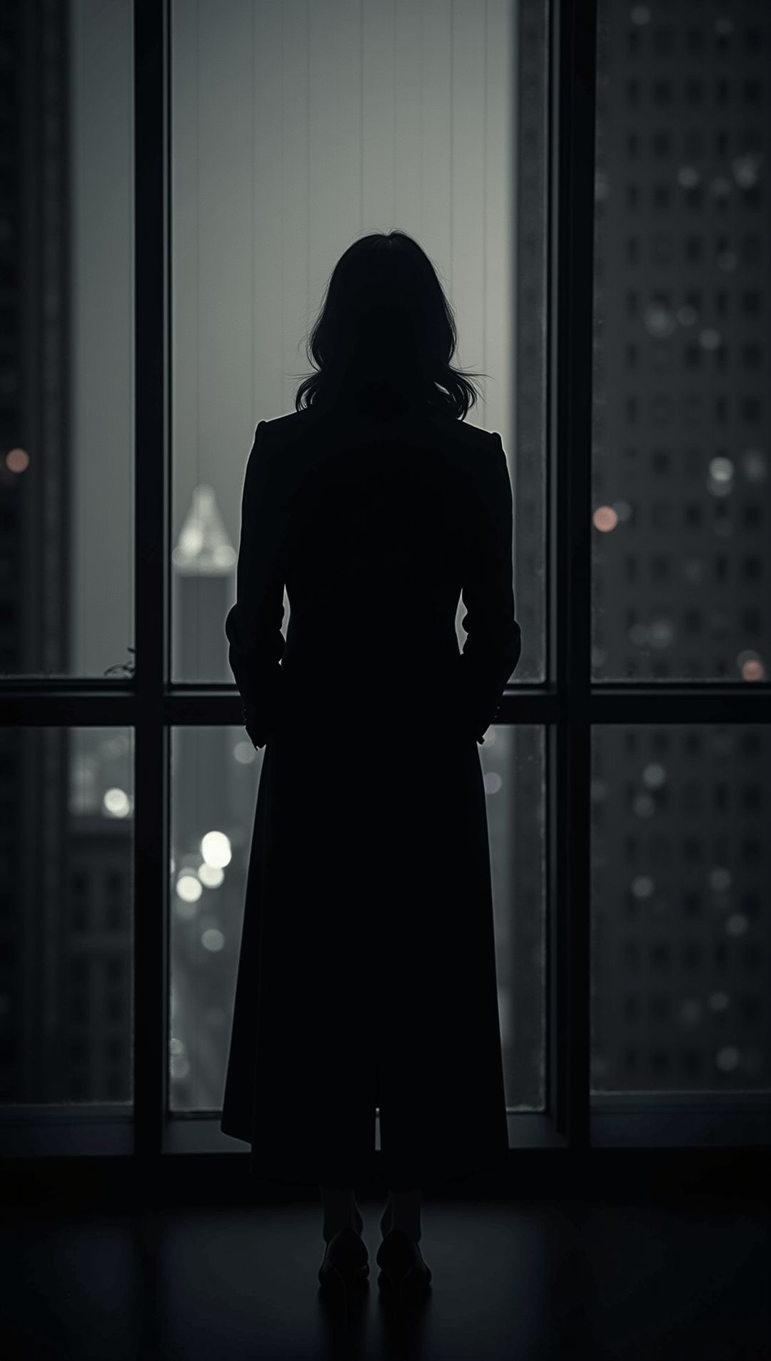 A silver-noir silhouette, cold Manhattan beyond the glass; the single warm point a wine-red reflection — The Last Alibi.