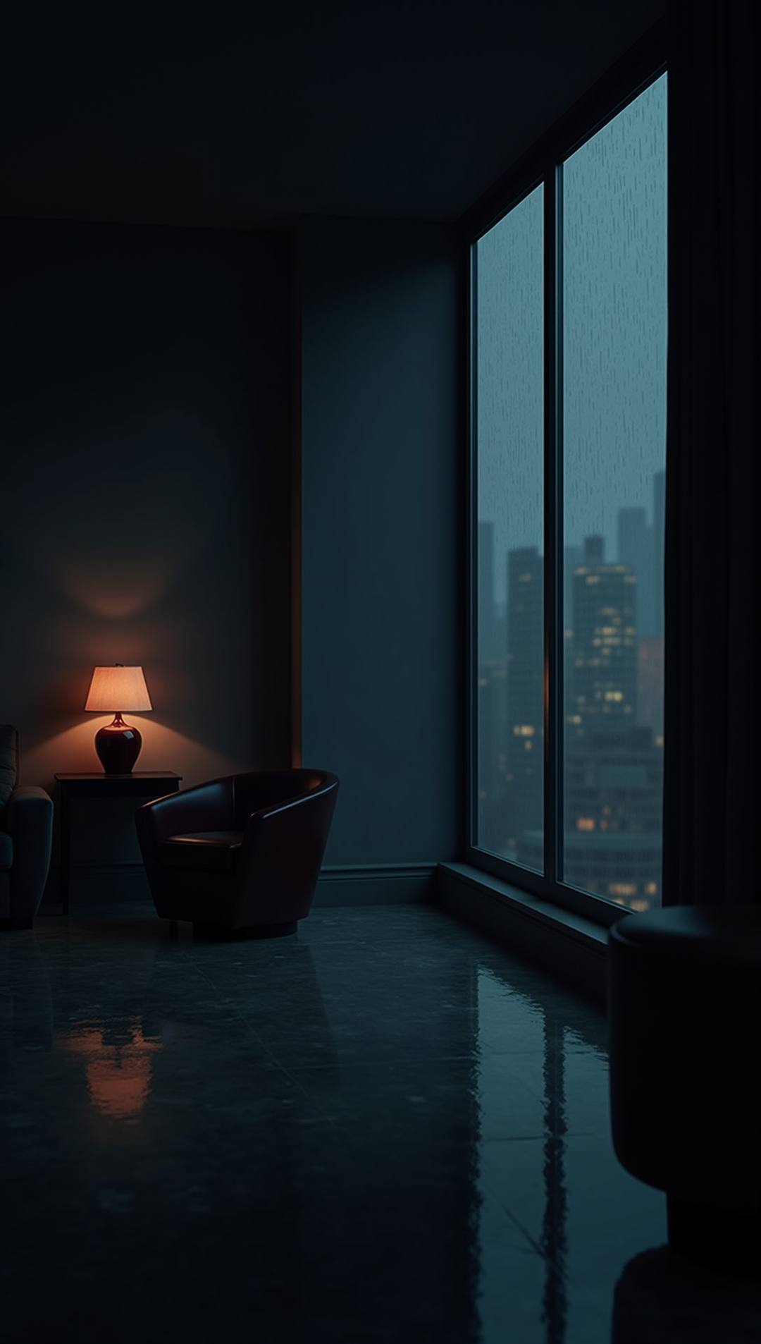 A cold silver Manhattan apartment at midnight: a rain-streaked floor-to-ceiling window and the glow of a single wine-red lamp — the opening cold-open of The Last Alibi.